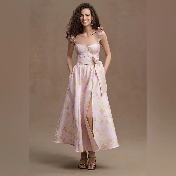 v. chapman vera ruffle-strap corset side-slit midi dress The Vera Dress in Sky Windsor Brocade 00 / Sky Windsor Brocade